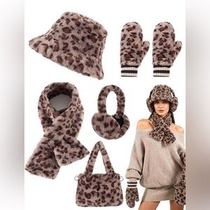 Leopard Faux Fur Winter 5 Pc Set Hat Scarf Gloves Earmuffs Bag Gift